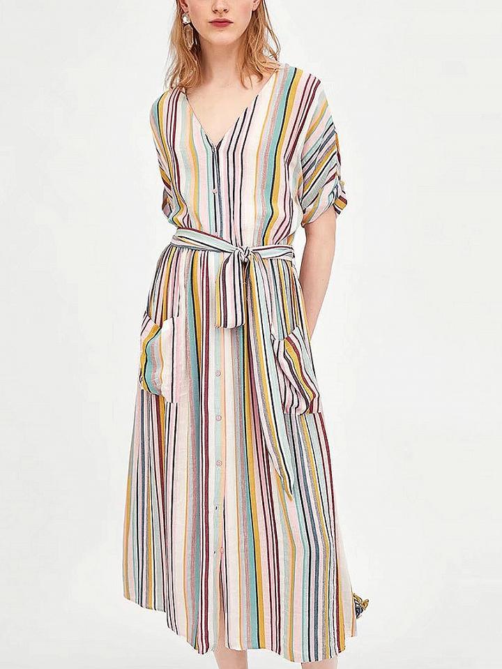 Choies Polychrome Stripe V-neck Tie Waist Pocket Front Midi Dress