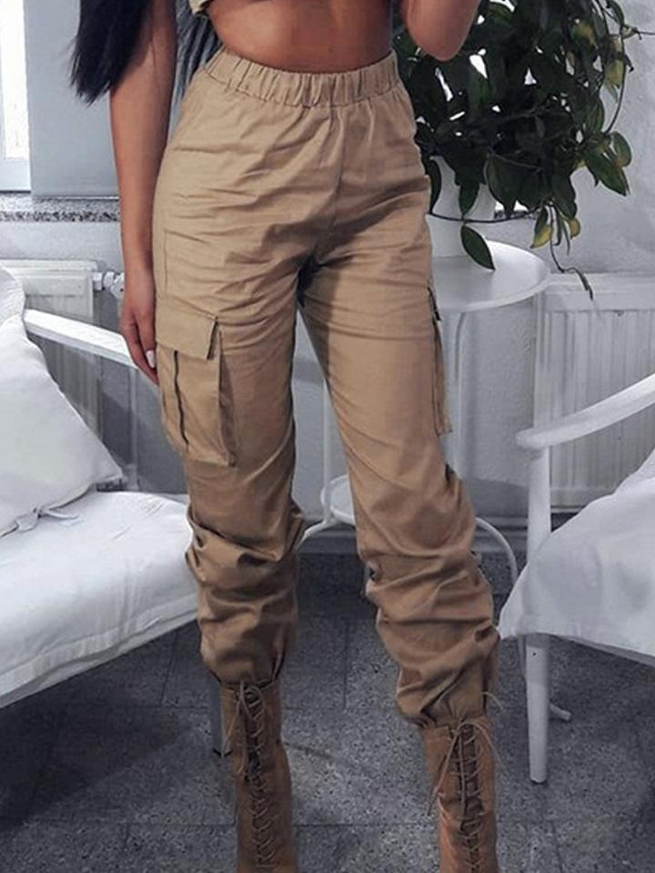 Choies Beige Cotton High Waist Pocket Detail Chic Women Pants