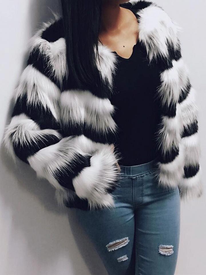 Choies Monochrome Chevron Open Front Faux Fur Coat