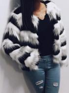 Choies Monochrome Chevron Open Front Faux Fur Coat