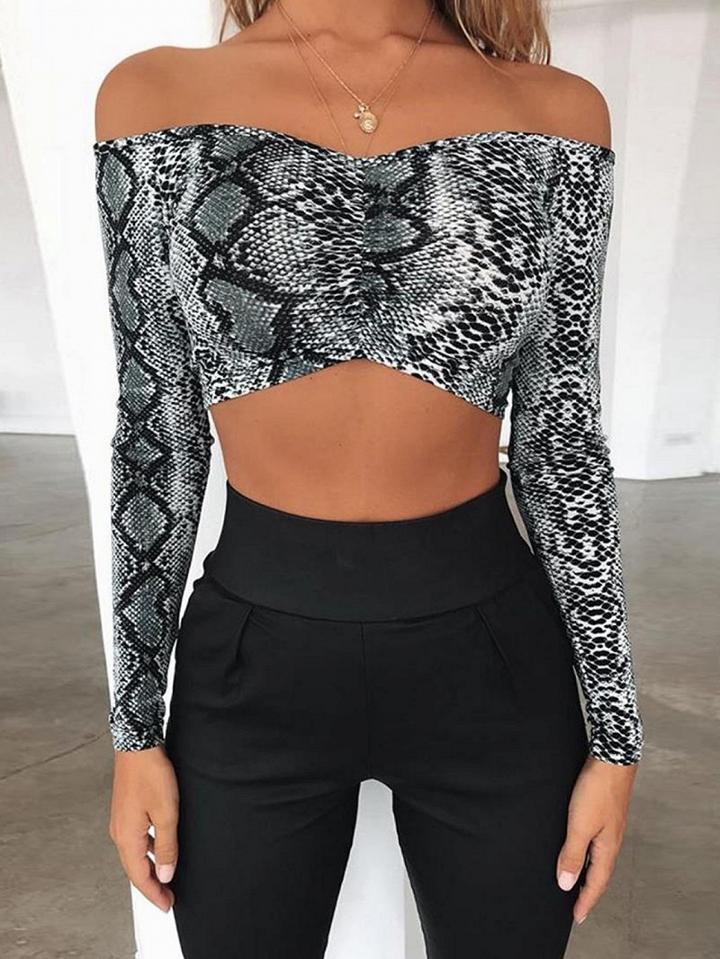 Choies Gray Off Shoulder Snakeskin Print Long Sleeve Crop Top