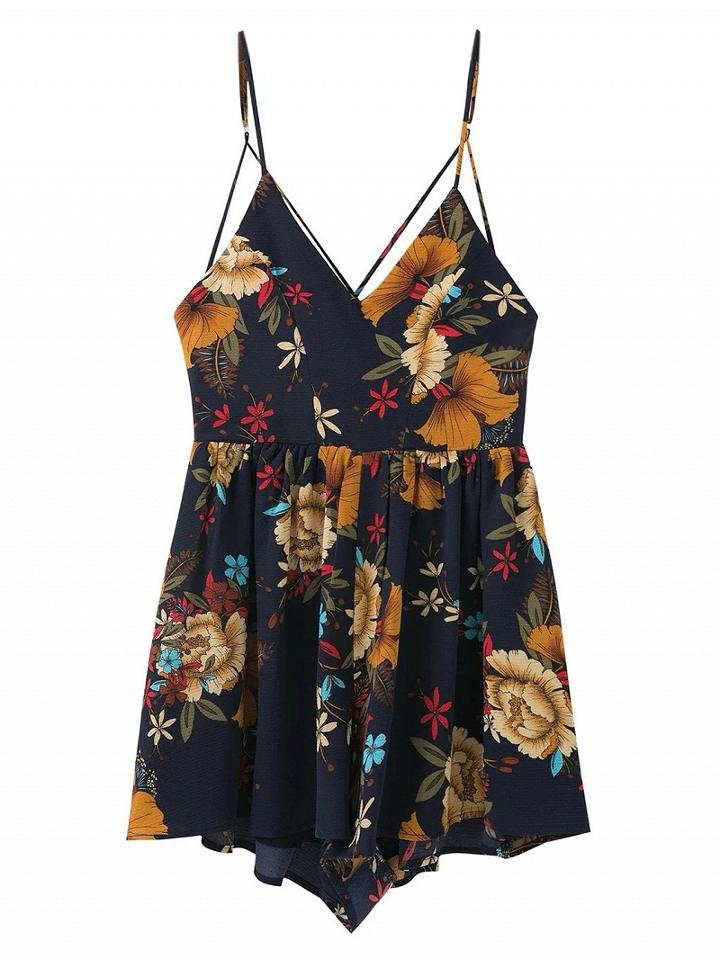 Choies Navy V-neck Floral Strap Cross Back Romper Playsuit
