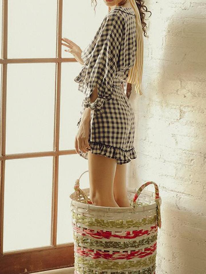 Choies Black Plaid Cotton V-neck Ruffle Trim Chic Women Romper Playsuit