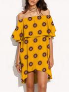 Choies Yellow Off Shoulder Ruffle Kaleidoscope Print Hi-lo Dress