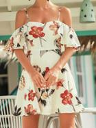 Choies White Spaghetti Strap Floral Print Ruffle Trim Mini Dress
