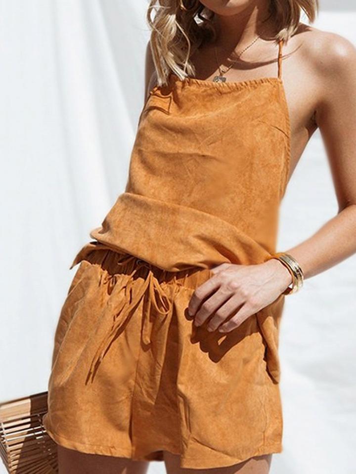 Choies Khaki Halter Open Back Chic Women Cami Top And High Waist Shorts
