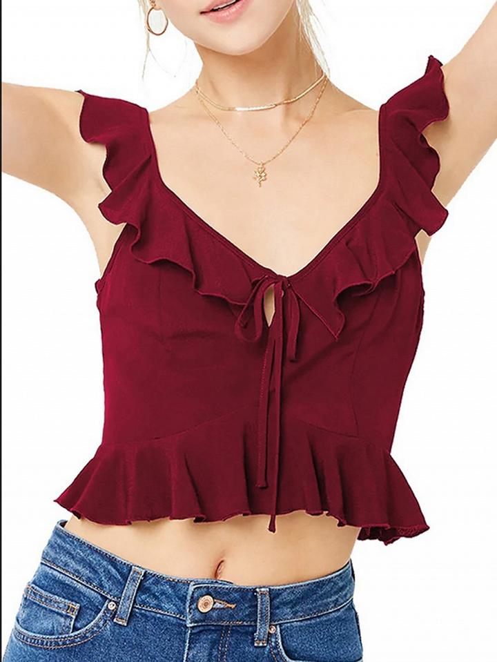 Choies Burgundy V-neck Ruffle Trim Open Back Chic Women Crop Tank Top