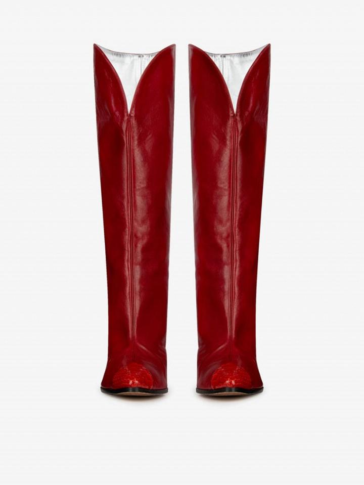 Choies Red Leather Snakeskin Print Panel Pointed Toe Heeled Boots