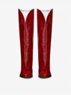 Choies Red Leather Snakeskin Print Panel Pointed Toe Heeled Boots