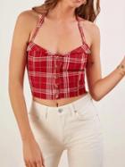 Choies Red Plaid Halter V-neck Button Placket Front Women Crop Cami Top