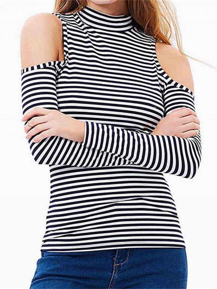 Choies Monochrome High Neck Cold Shoulder Long Sleeve T-shirt