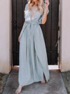 Choies Gray Plunge Drawstring Waist Thigh Split Front Chic Women Maxi Dress
