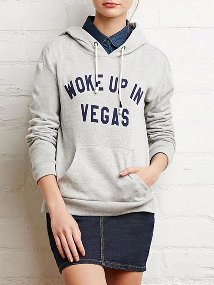 Choies Gray Letter Print Long Sleeve Hoodie