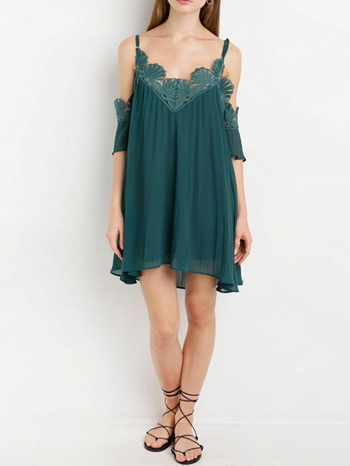 Choies Green Scallop Lace Trim Cold Shoulder Cami Swing Dress