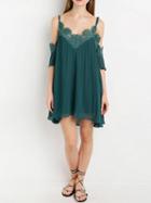Choies Green Scallop Lace Trim Cold Shoulder Cami Swing Dress