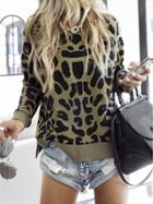 Choies Brown Cotton Leopard Print Split Side Long Sleeve Sweater