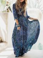 Choies Blue V-neck Floral Print Tie Waist Thigh Split Front Maxi Dress