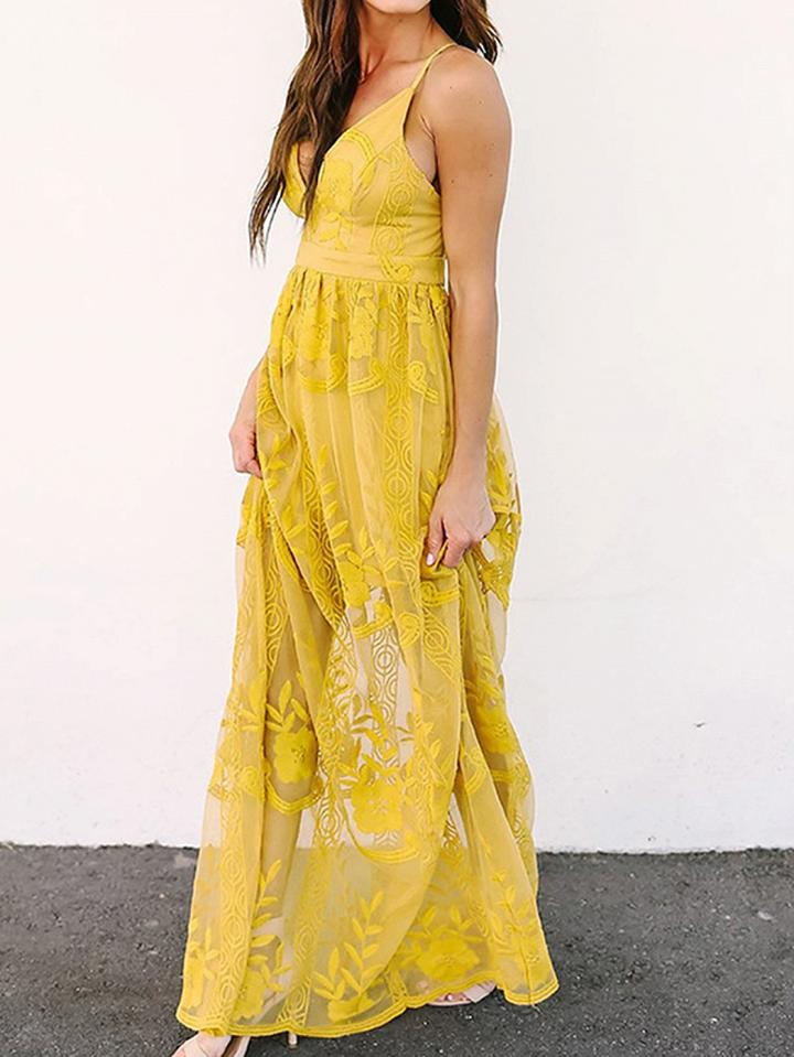 Choies Women's Yellow V-neck Backless Lace Maxi Dress
