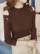 Choies Coffee Cold Shoulder Eyelet Detail Rib Knit Sweater