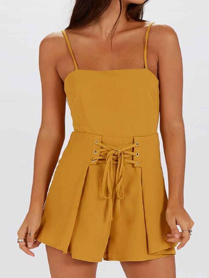 Choies Yellow Lace Up Corset Knot Back Cami Romper Playsuit