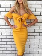 Choies Yellow Off Shoulder Tie Bow Front Cut Out Bodycon Dress
