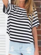 Choies Black And White Stripe Cross Open Back T-shirt