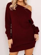 Choies Burgundy Ribbed Asymmetric Neck Long Sleeve Bodycon Mini Dress