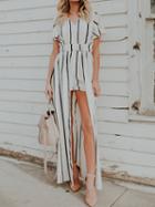 Choies White Stripe V-neck Cut Out Back Chic Women Culotte