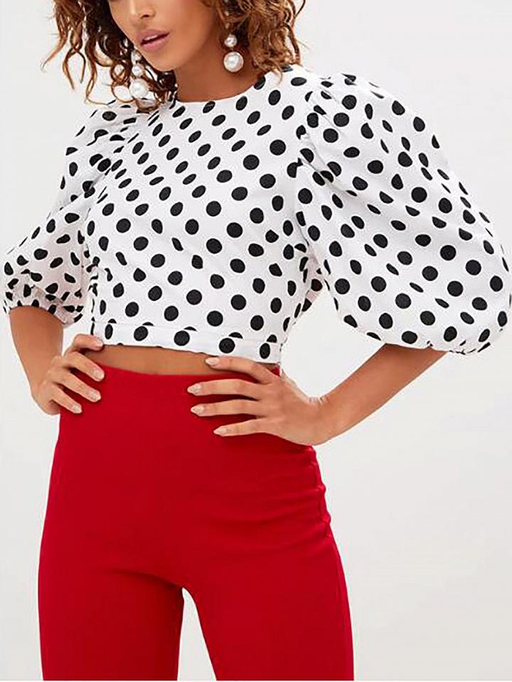 Choies White Polka Dot Half Puff Sleeve Crop Top