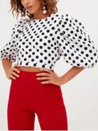 Choies White Polka Dot Half Puff Sleeve Crop Top