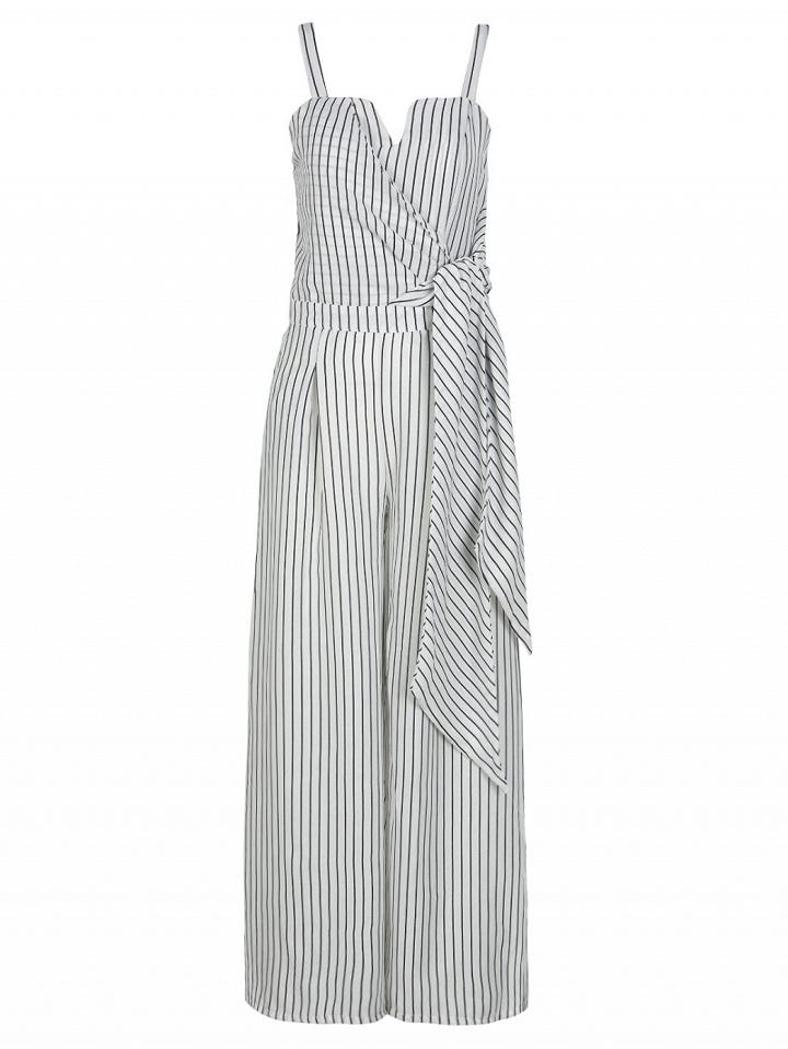 Choies Monochrome Stripe Wrap Front Tie Side Wide Leg Jumpsuit