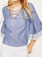 Choies Blue Stripe V-neck Lace Up Front Lace Trim Flared Sleeve Blouse