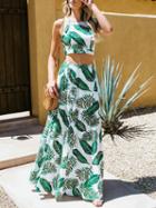 Choies Green Leaf Print Chic Women Crop Cami Top And High Waist Maxi Skirt