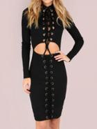 Choies Black Eyelet Lace Up Open Belly Long Sleeve Bodycon Dress