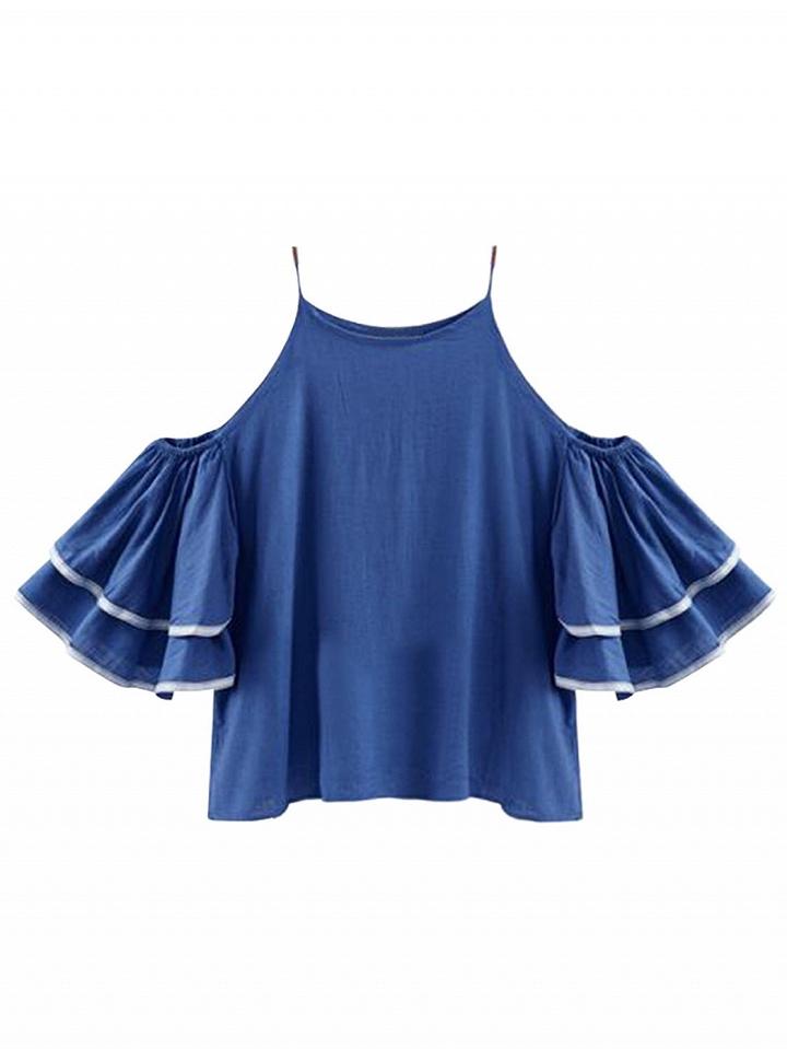 Choies Blue Cold Shoulder Ruffle Sleeve Blouse