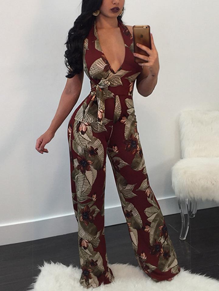 Choies Burgundy Halter Print Detail Open Back Jumpsuit