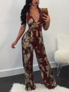 Choies Burgundy Halter Print Detail Open Back Jumpsuit