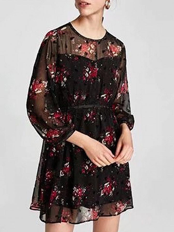 Choies Black Floral Print Beaded Detail Long Sleeve Mini Dress