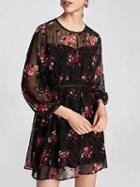 Choies Black Floral Print Beaded Detail Long Sleeve Mini Dress