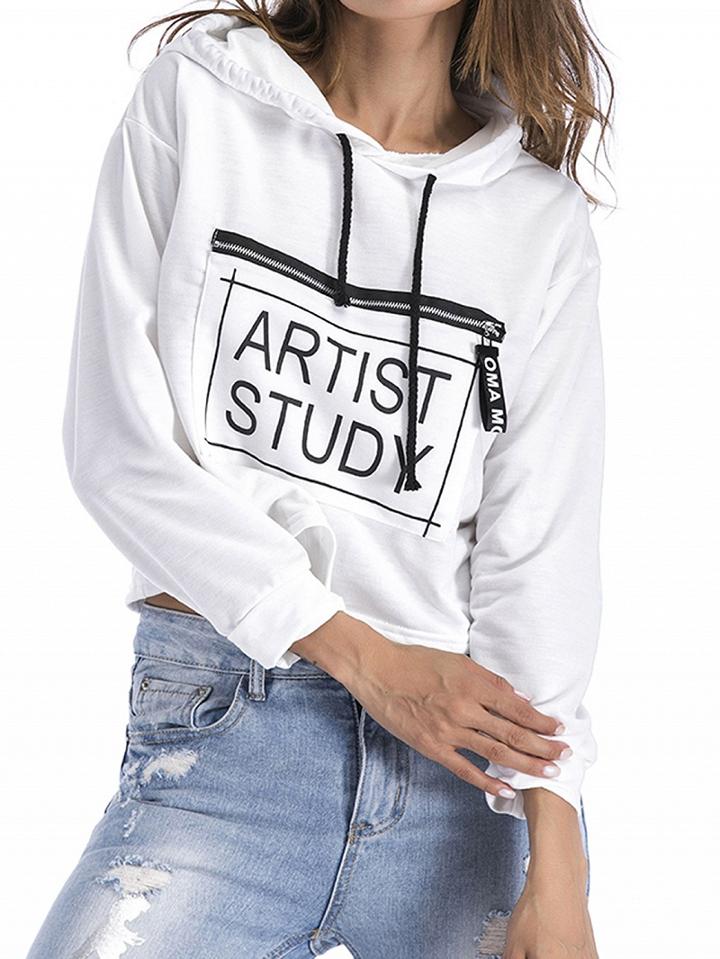 Choies White Cotton Letter Print Long Sleeve Chic Women Crop Hoodie