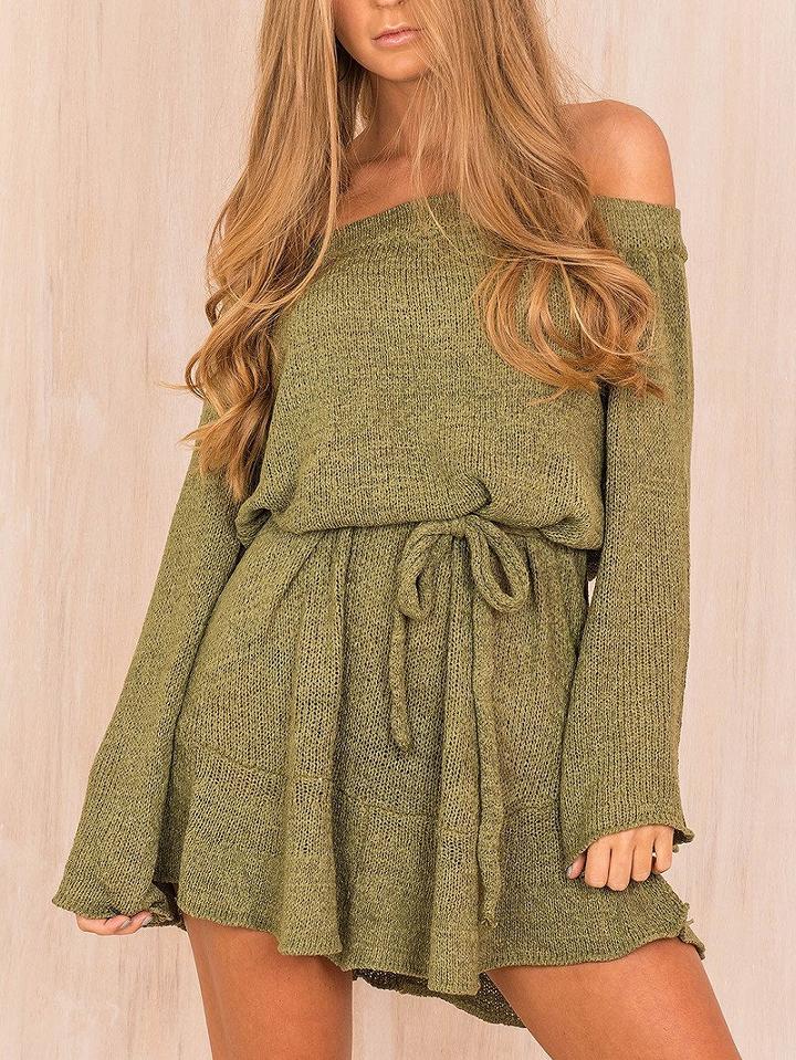 Choies Green Off Shoulder Tie Waist Long Sleeve Knitted Dress