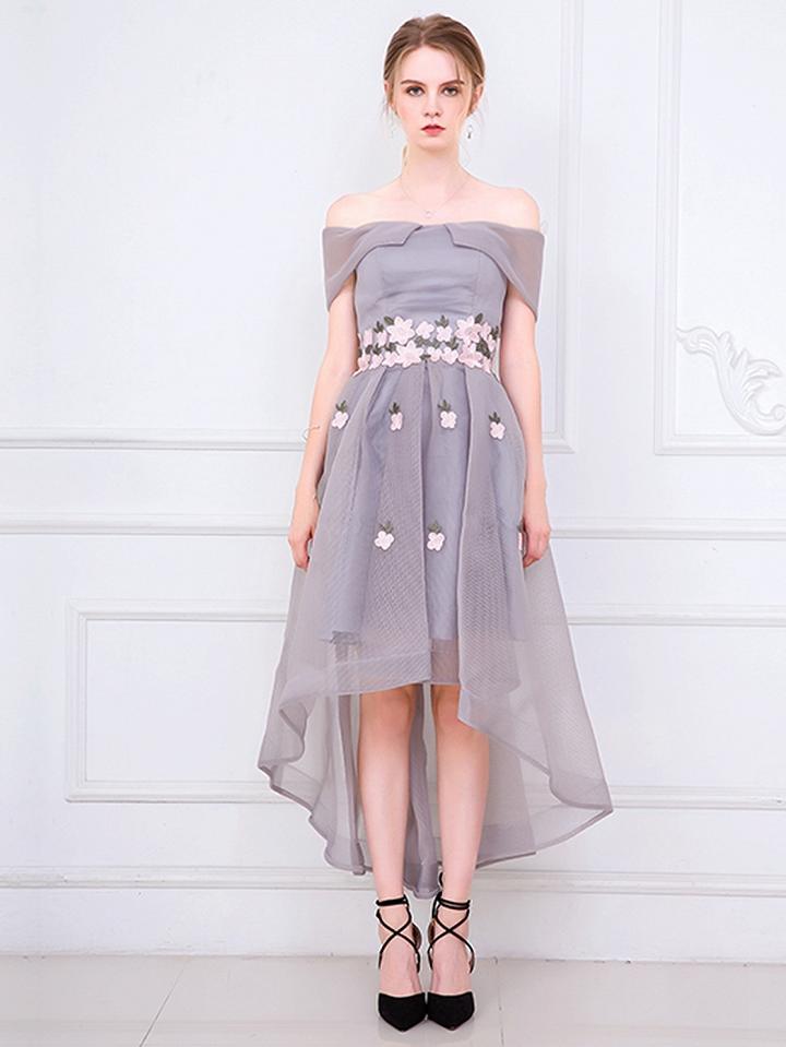 Choies Gray Off Shoulder Embroidery Floral Dipped Hem Mesh Prom Dress
