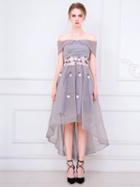 Choies Gray Off Shoulder Embroidery Floral Dipped Hem Mesh Prom Dress