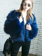 Choies Blue Open Front Fluffy Faux Fur Coat