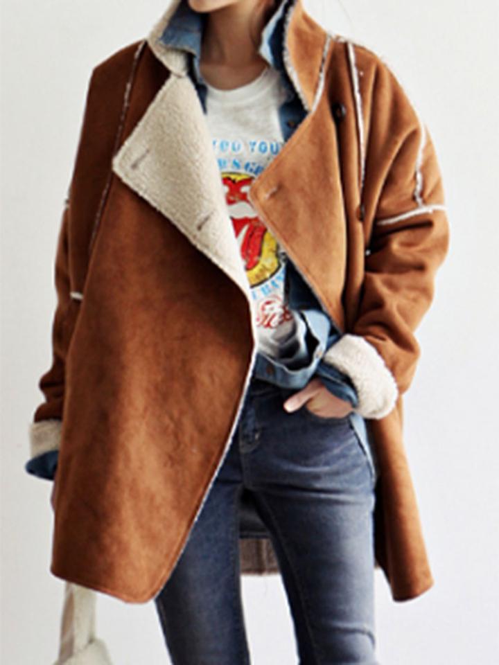 Choies Khaki Suedette Lapel Shearling Detail Coat