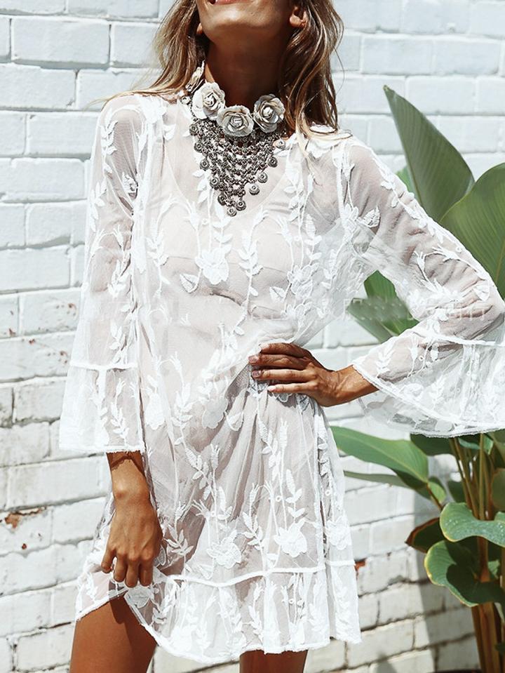 Choies White Ruffle Trim Long Sleeve Chic Women Sheer Mesh Mini Dress