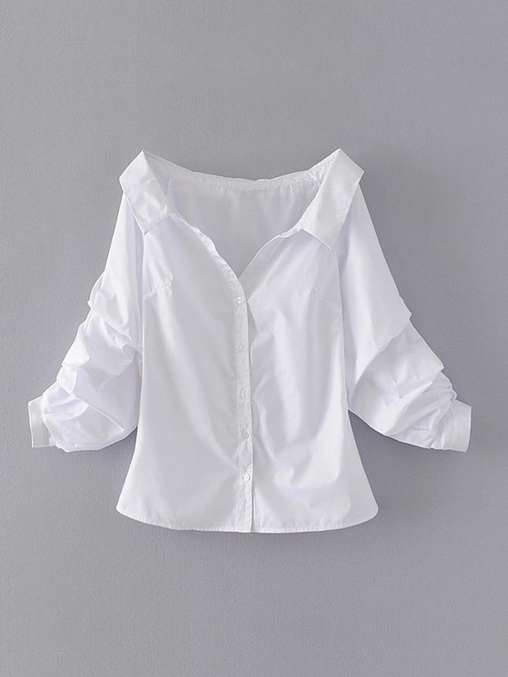 Choies White Stripe Pointed Collar V Front Puff Sleeve Shirt