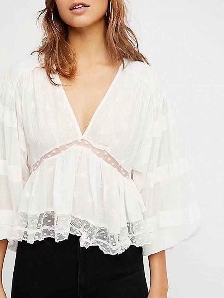 Choies White V-neck Lace Panel Blouse