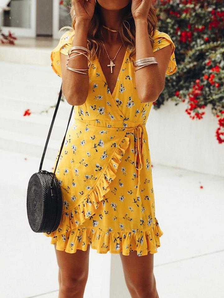 Choies Yellow Cotton Blend V-neck Floral Print Chic Women Mini Dress