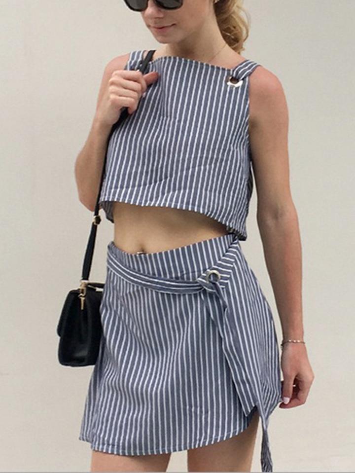 Choies Black Stripe Chic Women Crop Tank Top And High Waist Mini Skirt